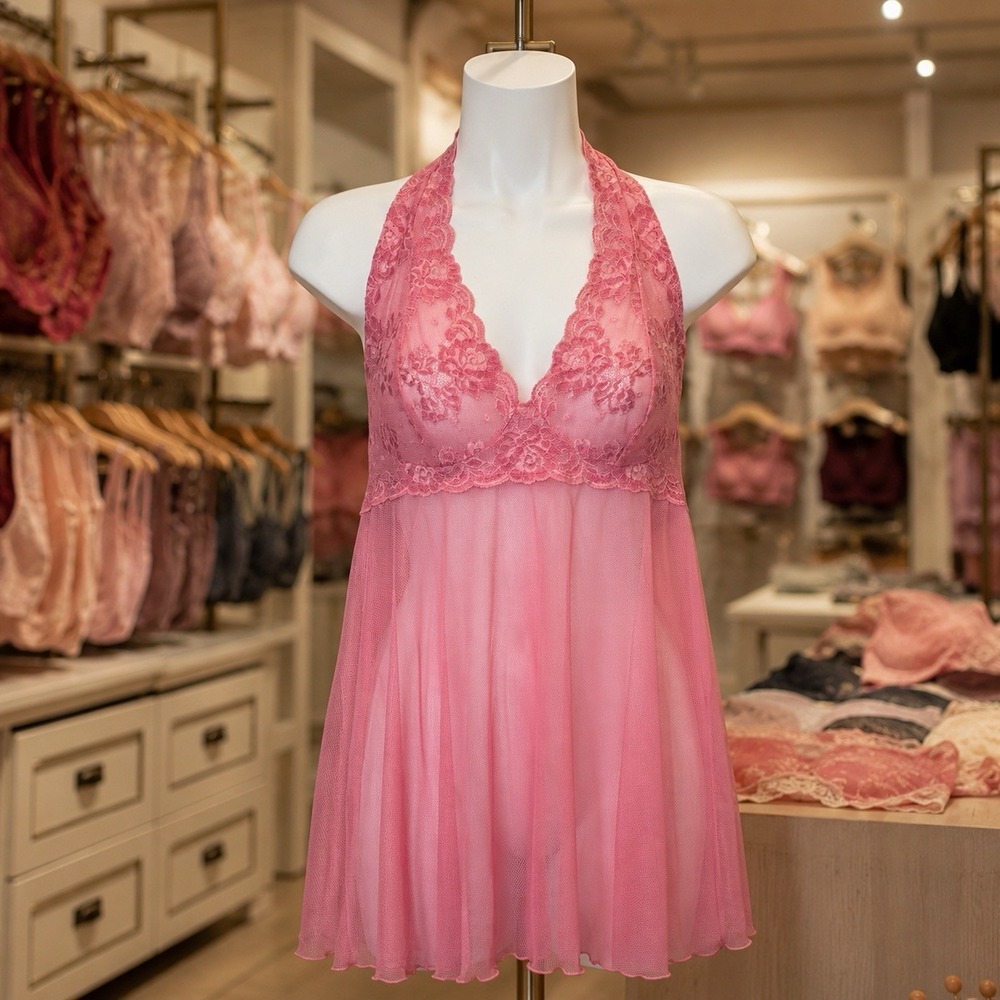 Victoria's Secret Pink Halter Floral Sheer Teddie Night Gown Lingerie Feminine M